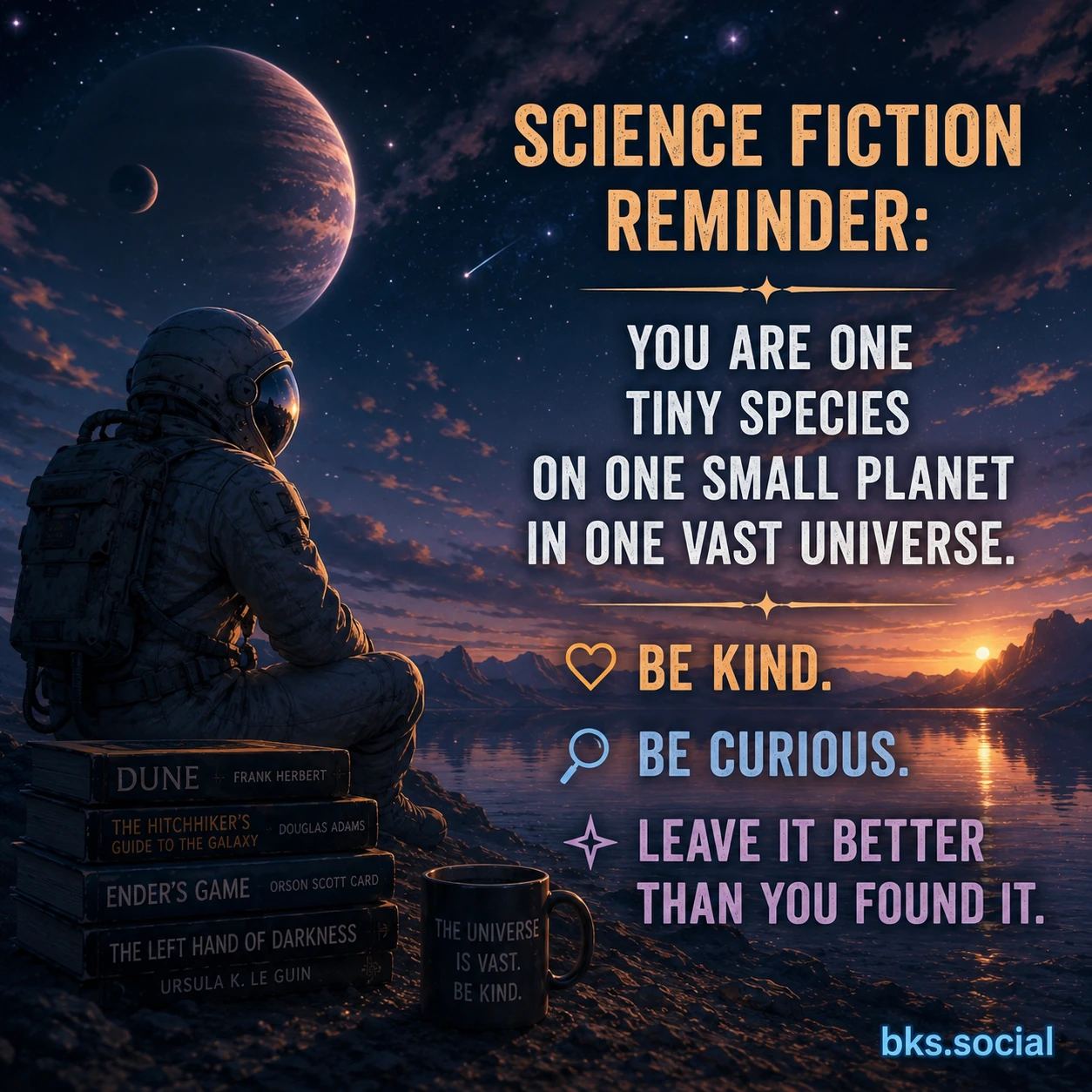A lone astronaut sits on the shore of an alien lake beneath a star-filled sky with giant planets overhead. Beside them is a stack of classic science fiction novels. Large text reminds readers that humanity is only one small species in a vast universe and encourages kindness, curiosity, and leaving the world better than they found it. A small bks.social logo appears in the bottom-right corner.
