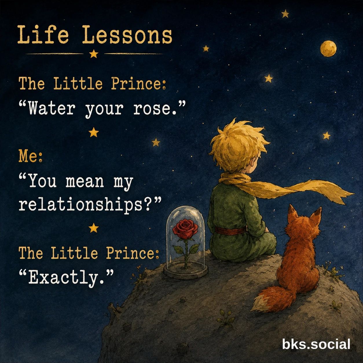 An illustration inspired by The Little Prince shows the Little Prince and the fox sitting together beneath a star-filled sky beside a rose under a glass dome. The image humorously interprets the book's famous advice, "Water your rose," as a lesson about caring for relationships. A small bks.social logo appears in the bottom-right corner.