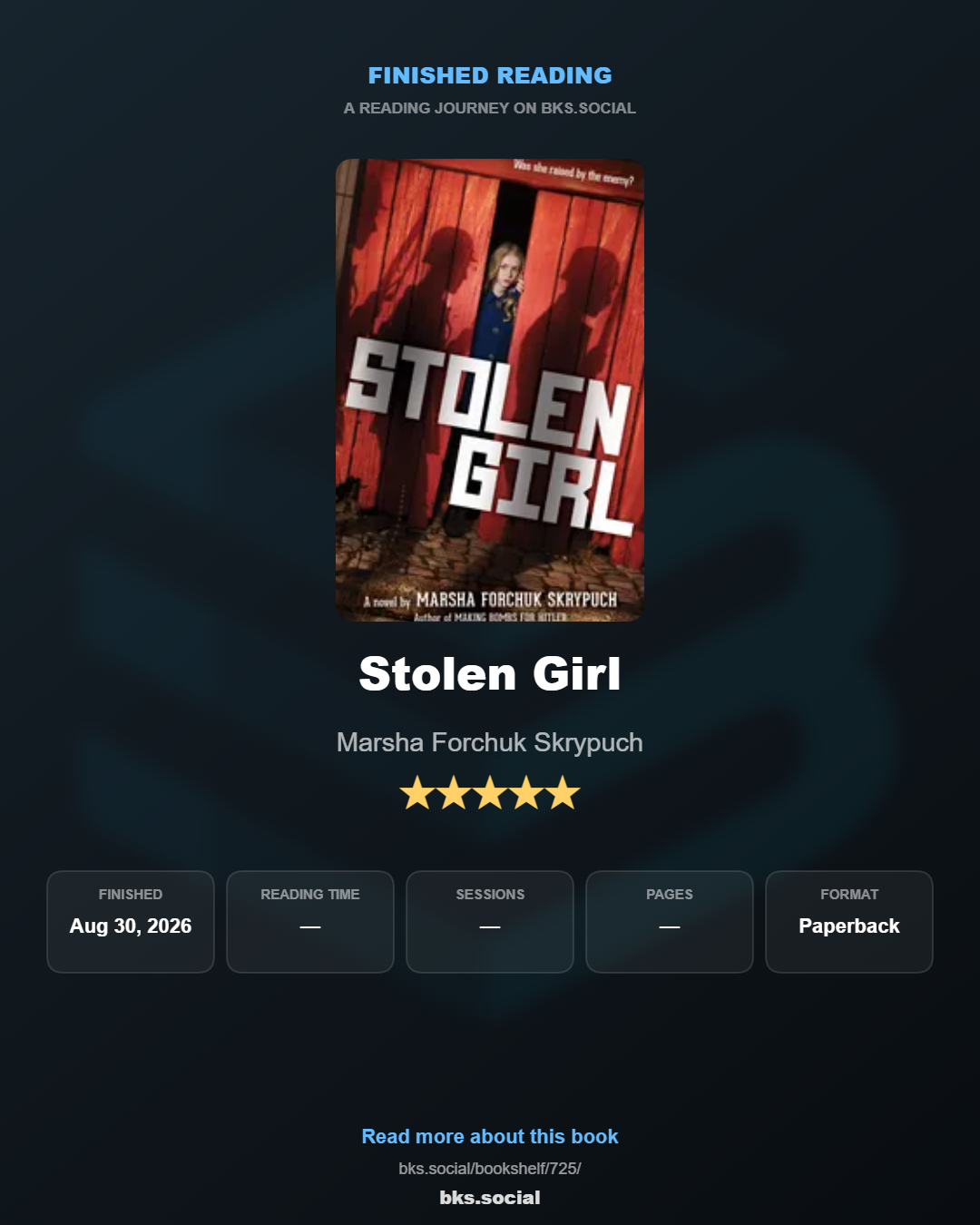 Finished reading Stolen Girl