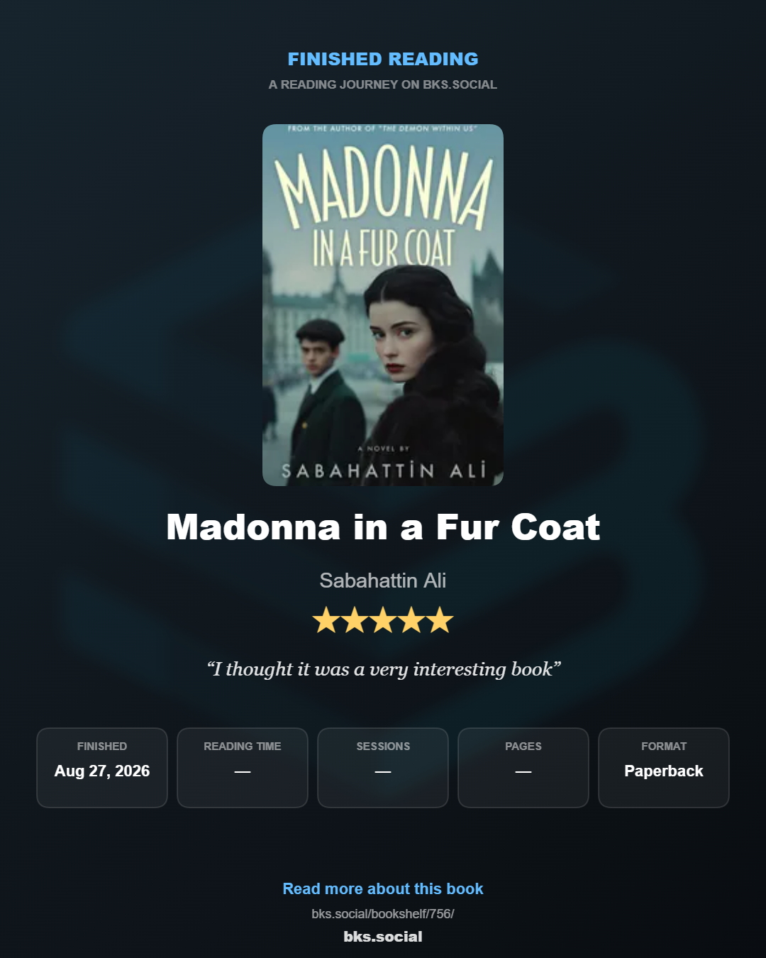 Finished reading Madonna in a Fur Coat
