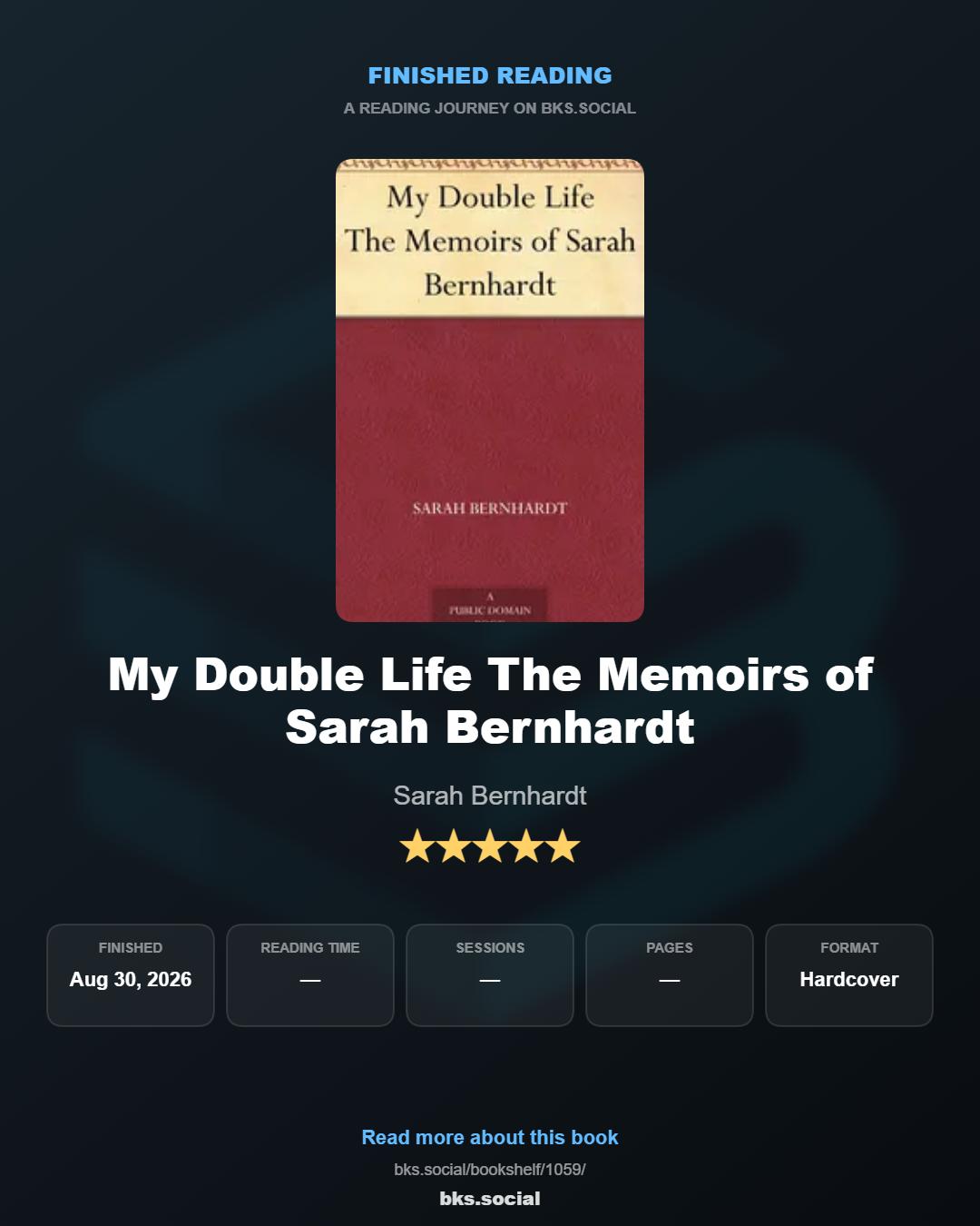 Finished reading My Double Life The Memoirs of Sarah Bernhardt