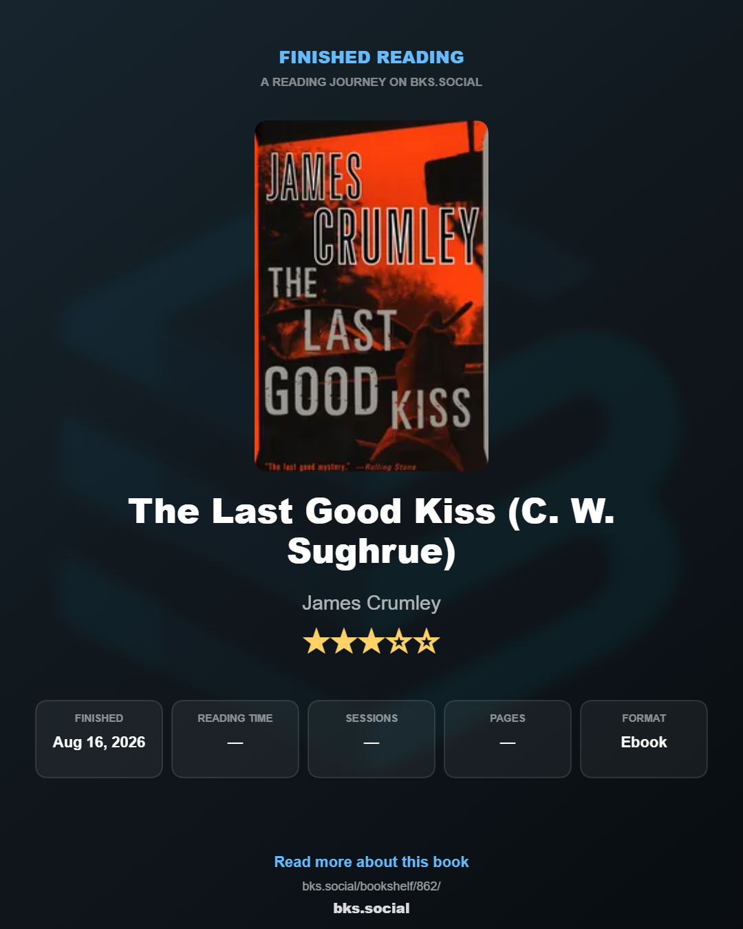 Finished reading The Last Good Kiss (C. W. Sughrue)
